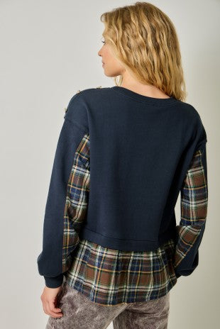Paige Flannel Contrast Twofer Sweatshirt
