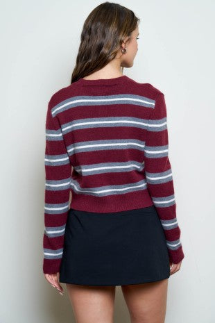 Hadley Multi-color Stripe Button Down Knit Cardigan Burgendy