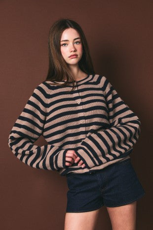 Raglan Striped Crew Neck Button Down Cardigan