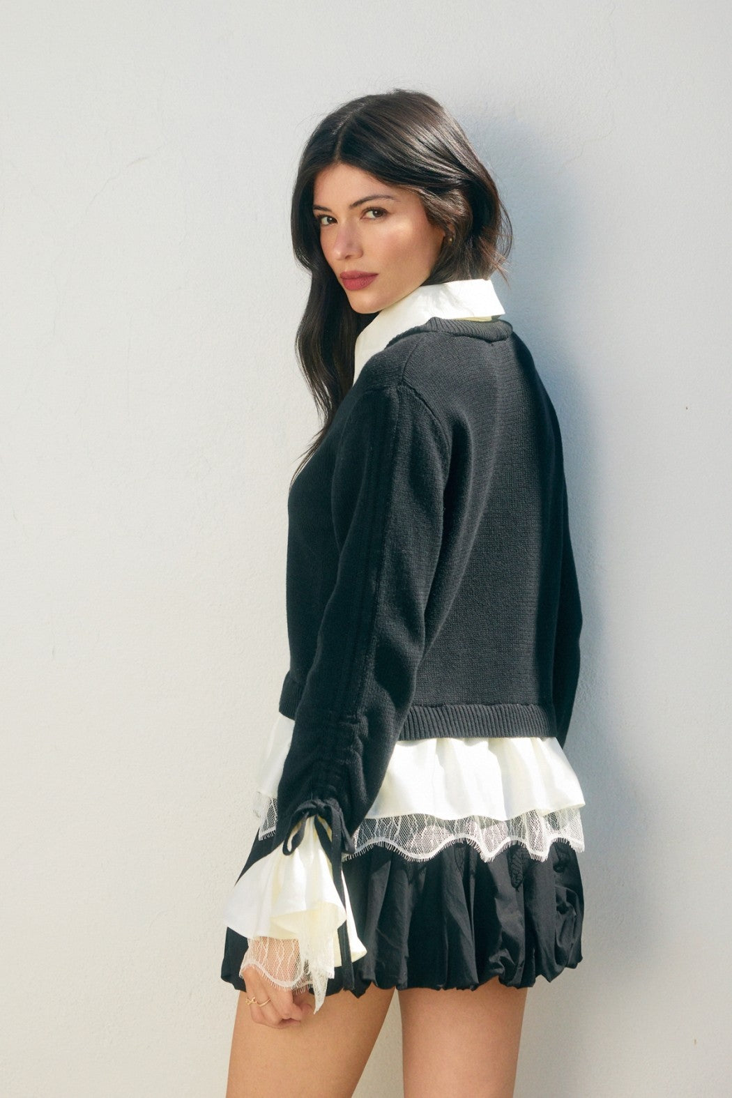 Stevie Satin & Lace Shirt Ruffle Sleeve Sweater