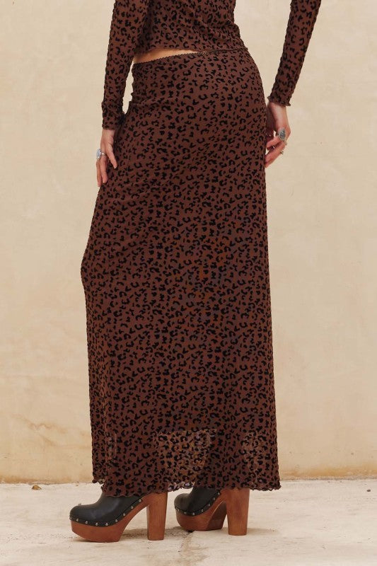 Flocked Leopard Mesh Straight Maxi Skirt