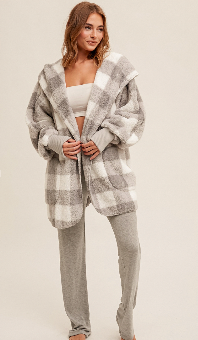 Check Print Sherpa Hoodie Cardigan