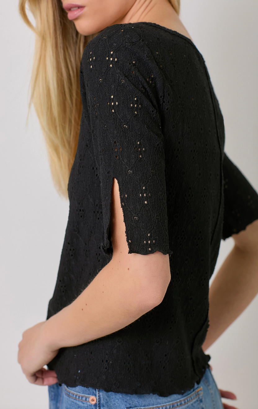 Boat Neck Lettuce Hem Top - Black