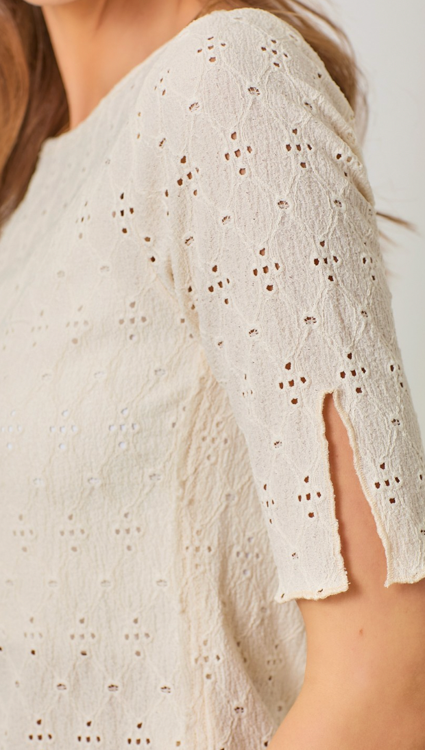 Boat Neck Lettuce Hem Top - Ivory