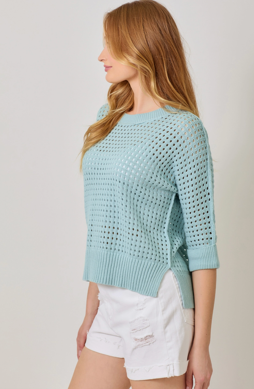 Open Stitch High Low Sweater - Blue