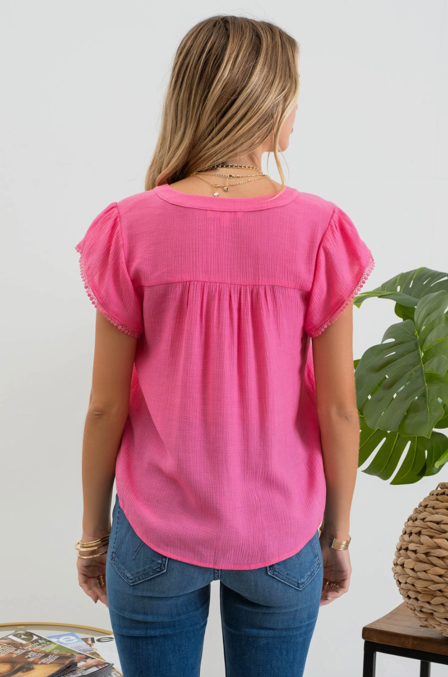 Split Neck Petal Tassel Sleeve Blouse