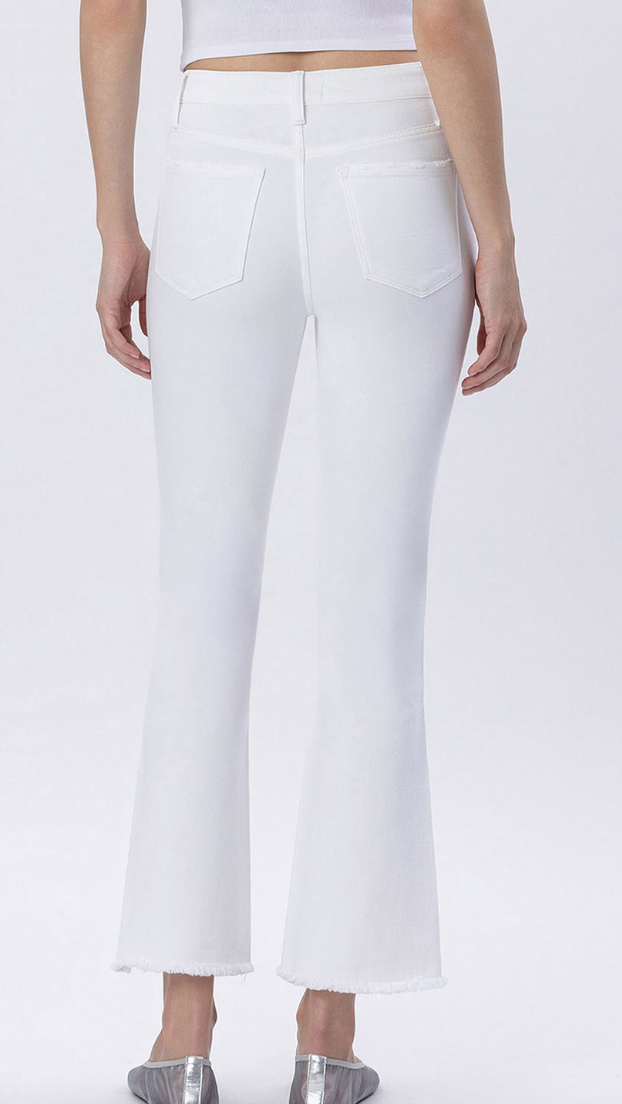 High Rise Raw Slant Step Hem Crop Flare Jeans