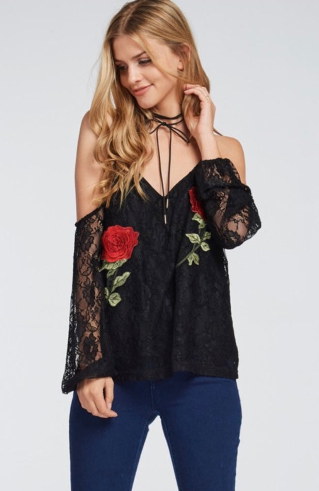 Black Lace Cold Shoulder with Rose Detail