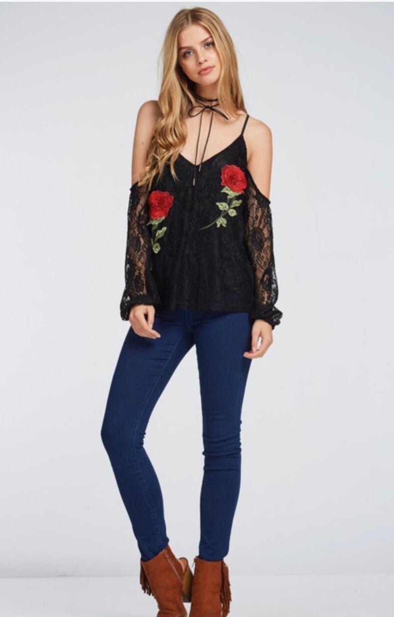 Black Lace Cold Shoulder with Rose Detail