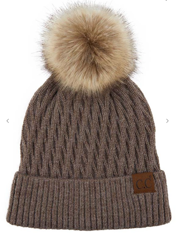 Fringe Pom Beanie - Dark Taupe