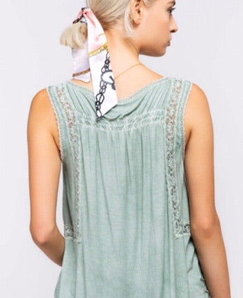 Sleeveless Peasant Top With Lace Trim