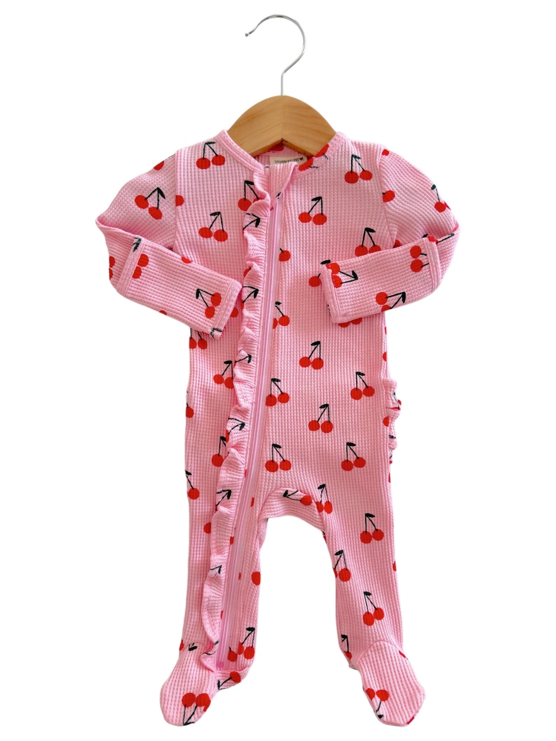 Pink Cherries, Waffle 2-Way Zip Ruffle Footie