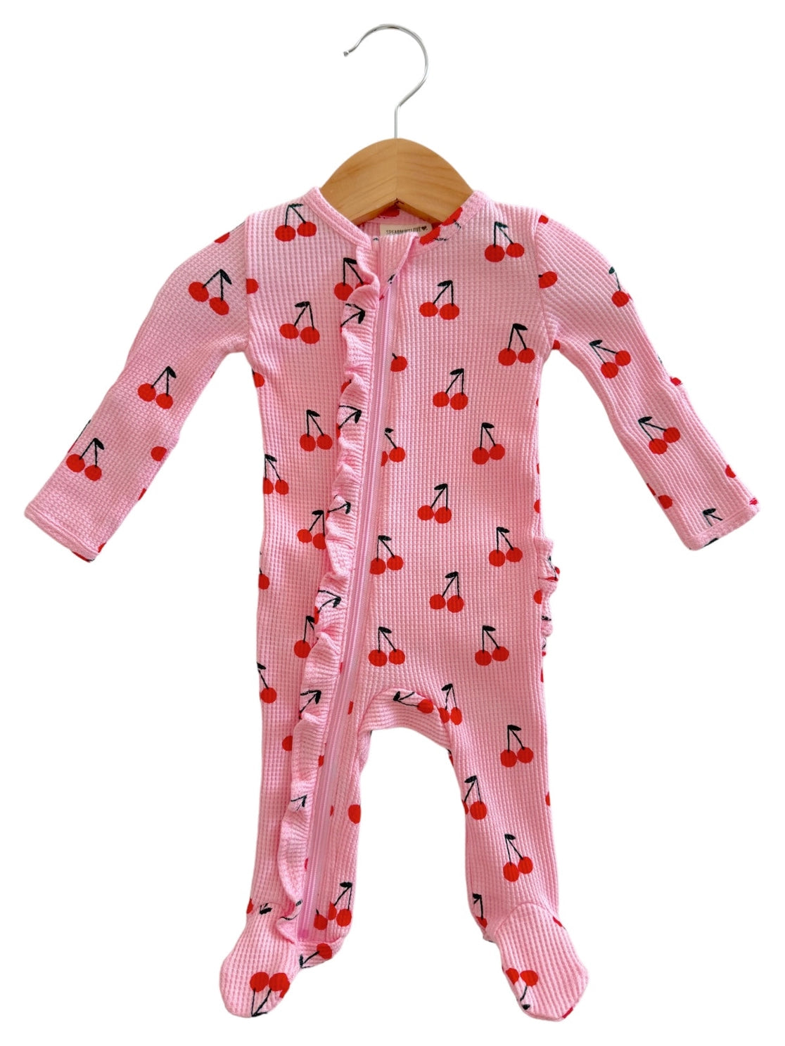 Pink Cherries, Waffle 2-Way Zip Ruffle Footie