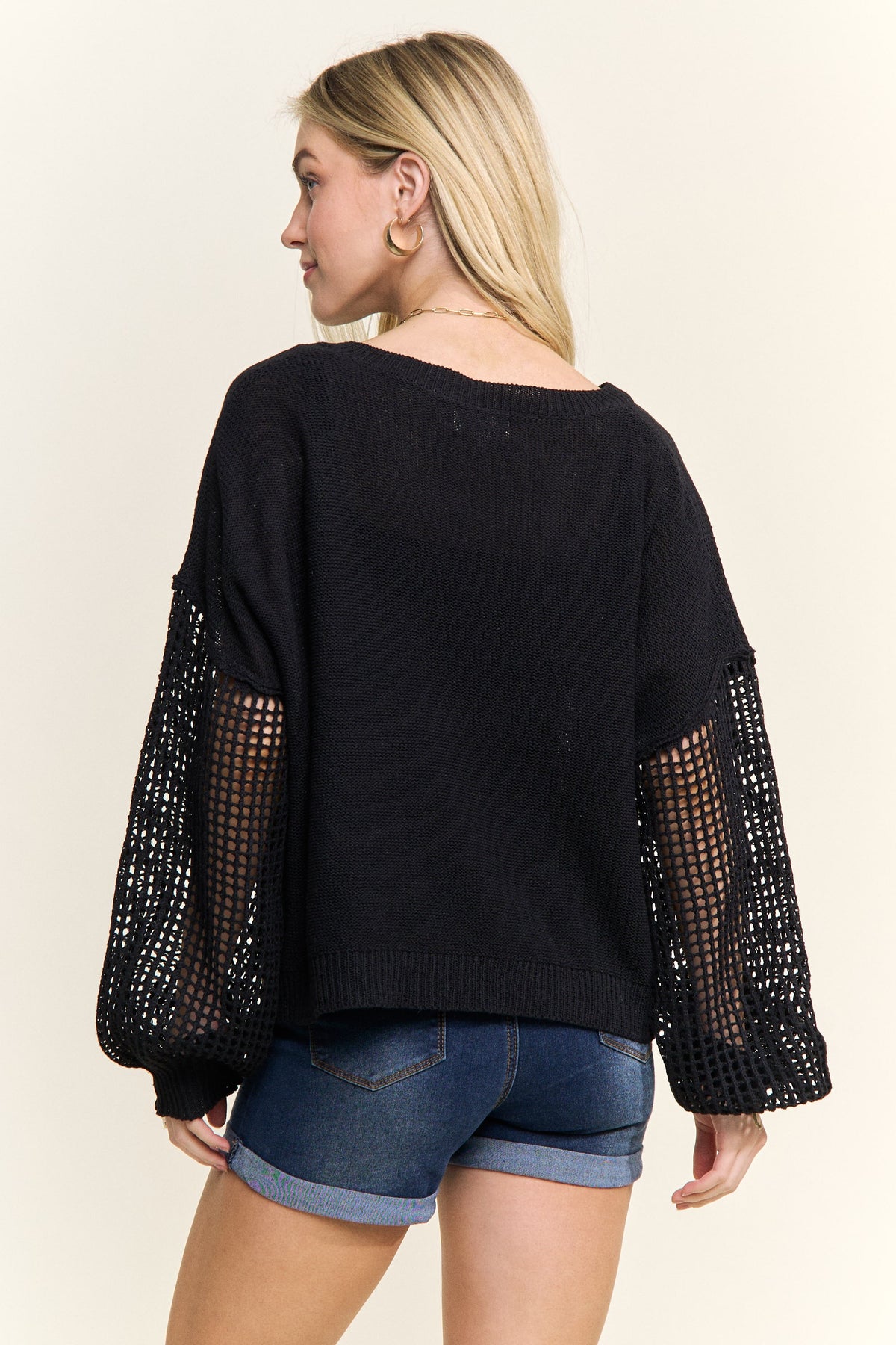 Kara V-neck Loose Knit Sweater Mesh Sleeves