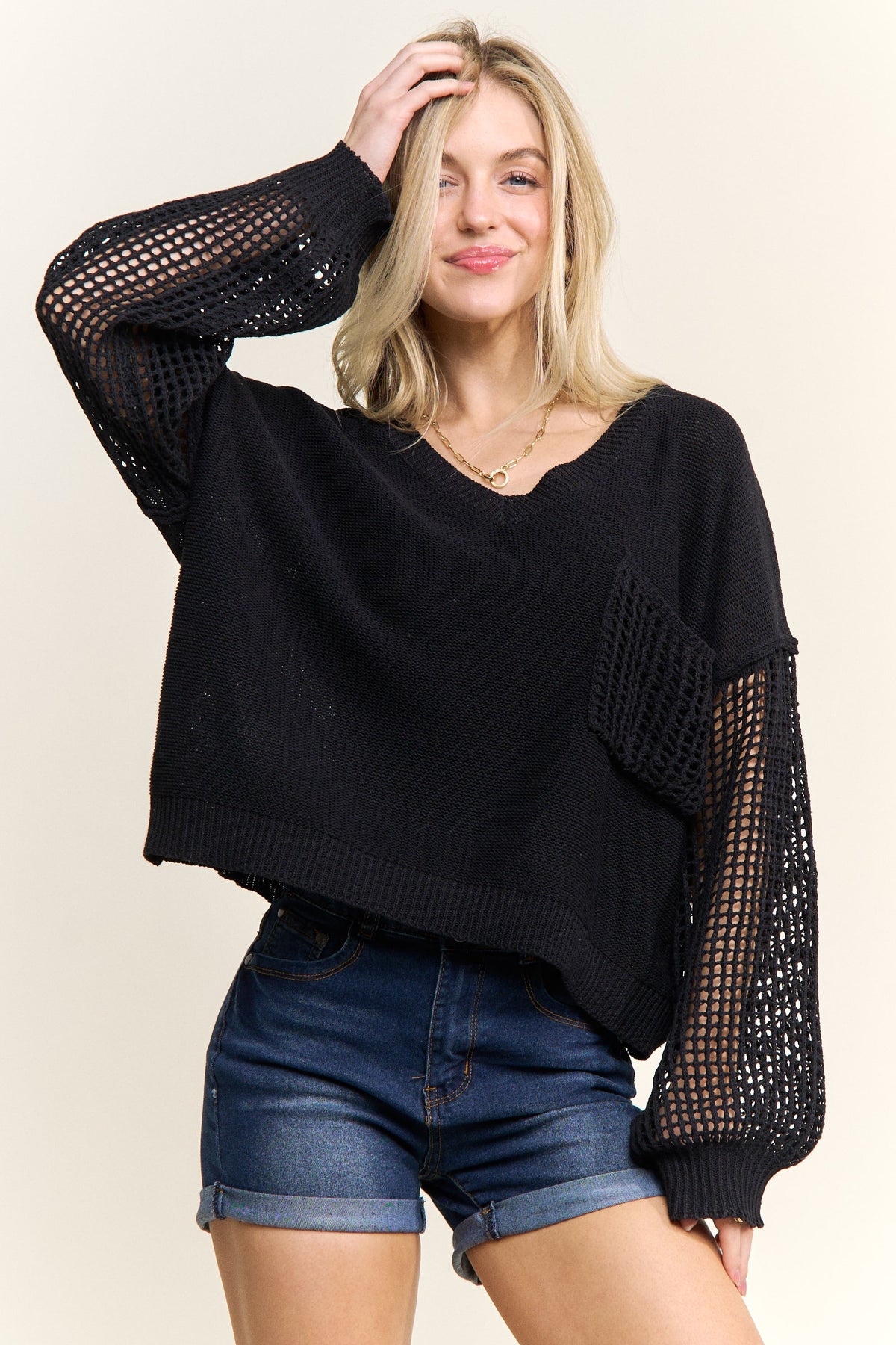 Kara V-neck Loose Knit Sweater Mesh Sleeves