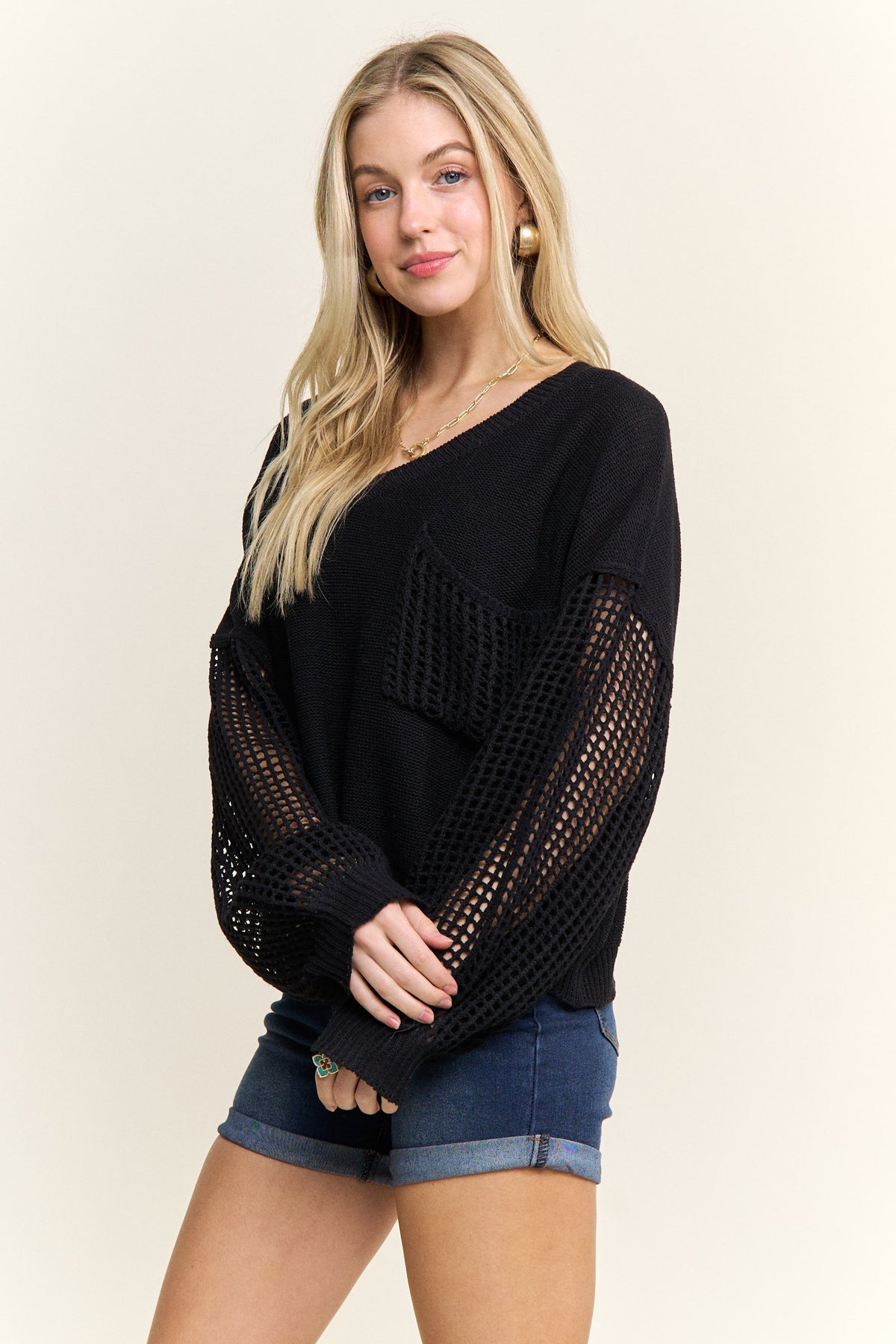 Kara V-neck Loose Knit Sweater Mesh Sleeves
