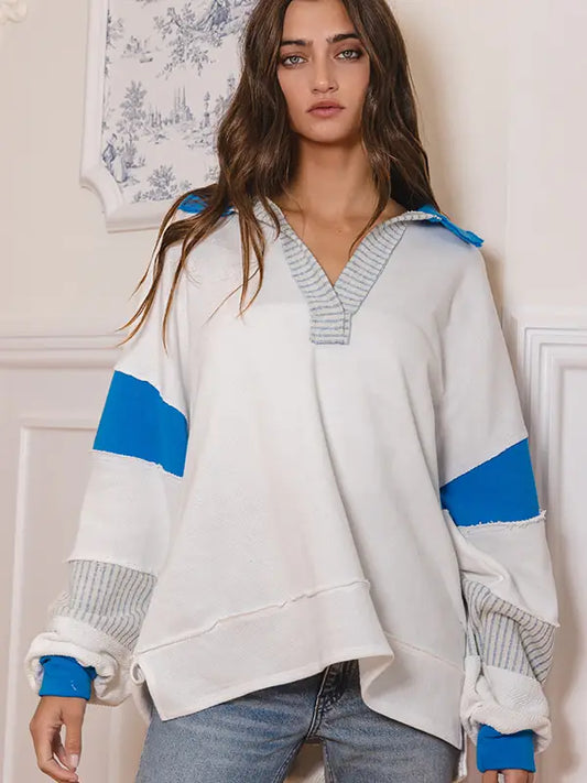 Pillow Talk Terry Knit Top Ivory/Blue