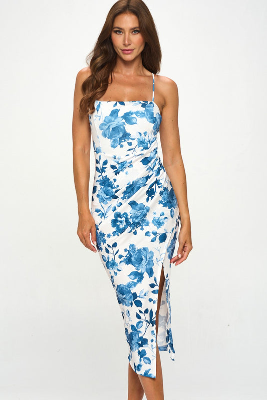 Satin Floral Pleated Bodycon Midi Dress