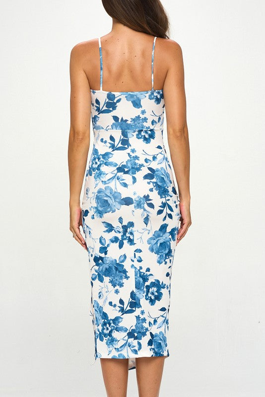 Satin Floral Pleated Bodycon Midi Dress