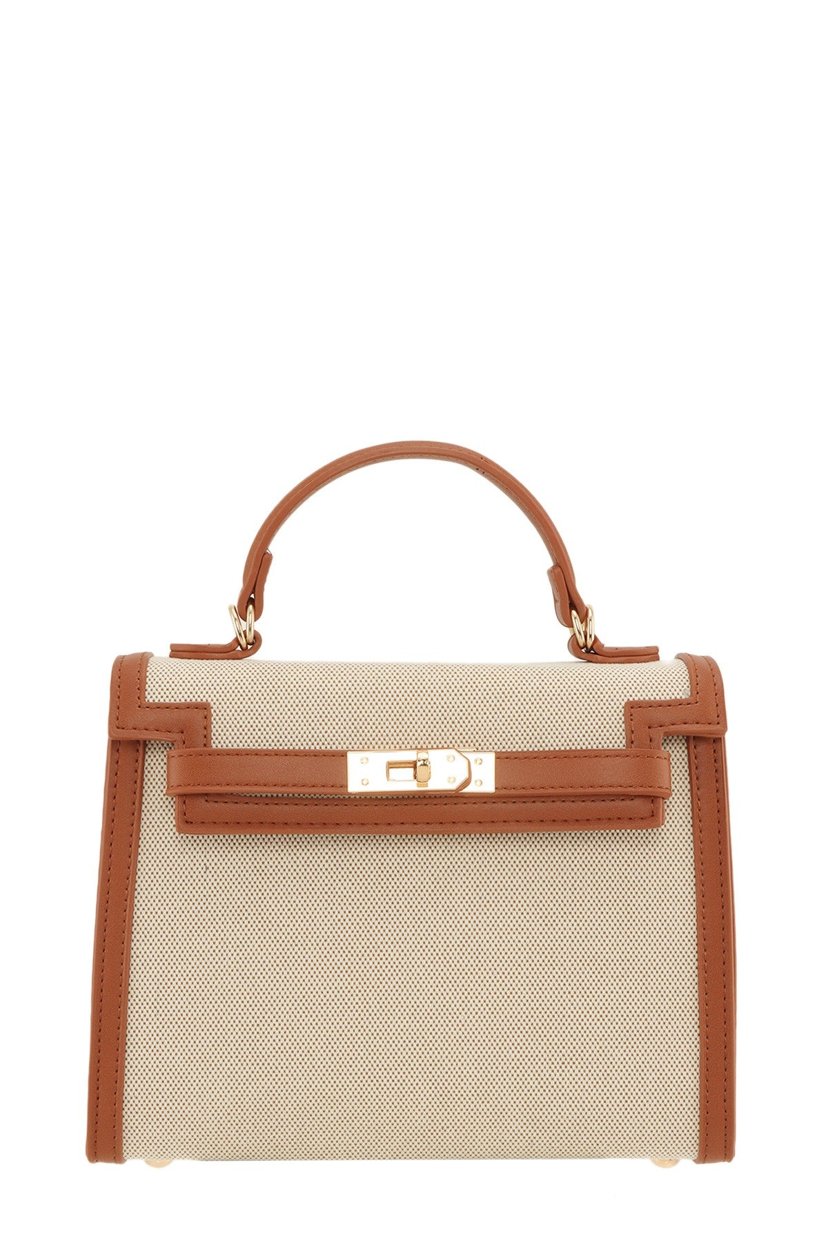 Tan Canvas Leather Crossbody Bag With Top Handle