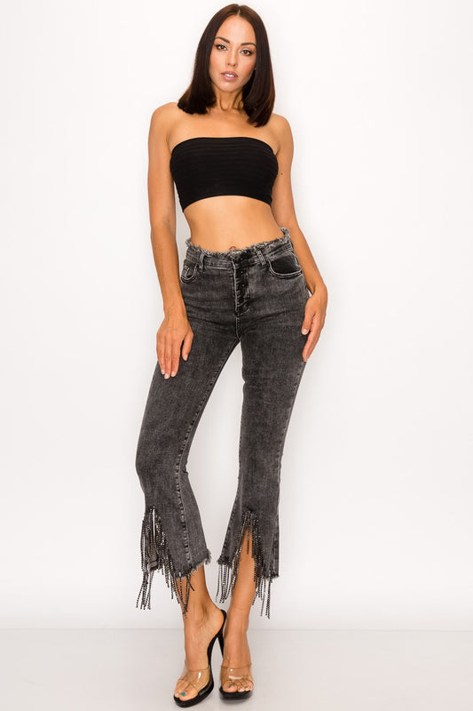 Rhinestone Fringe Denim Pants