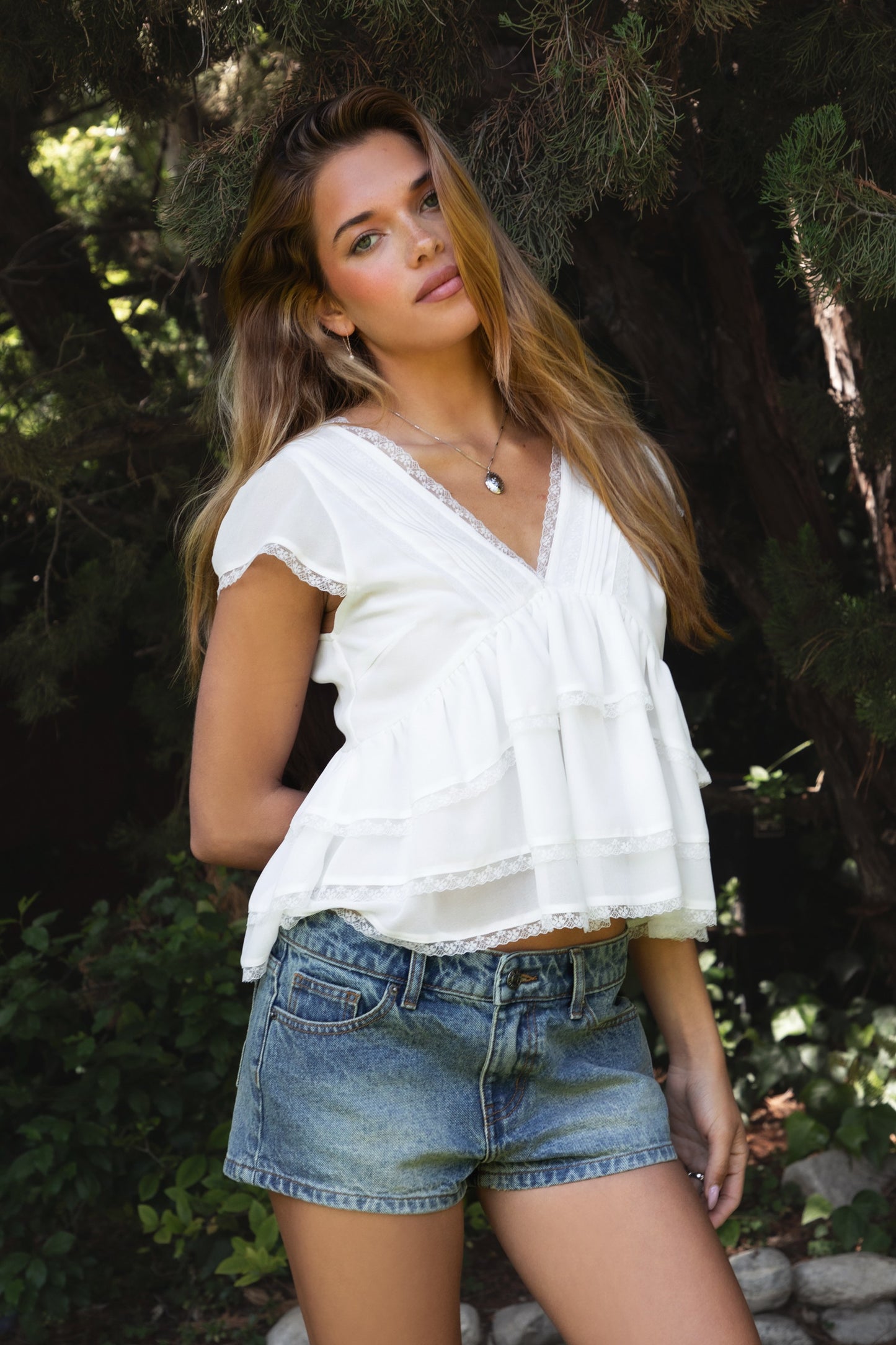 Juliette V Neck Tiered Ruffle Short Sleeve Blouse Top
