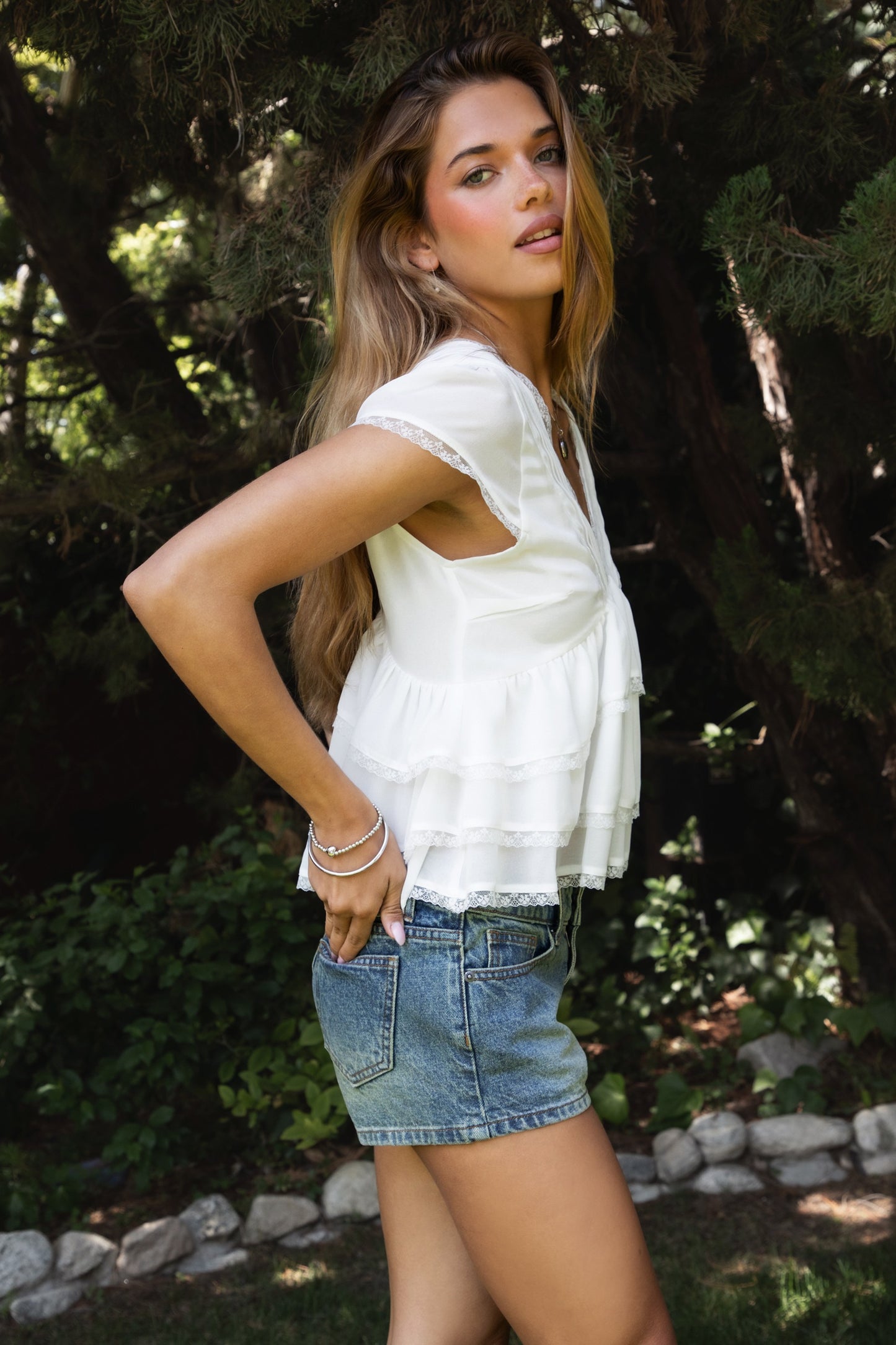 Juliette V Neck Tiered Ruffle Short Sleeve Blouse Top