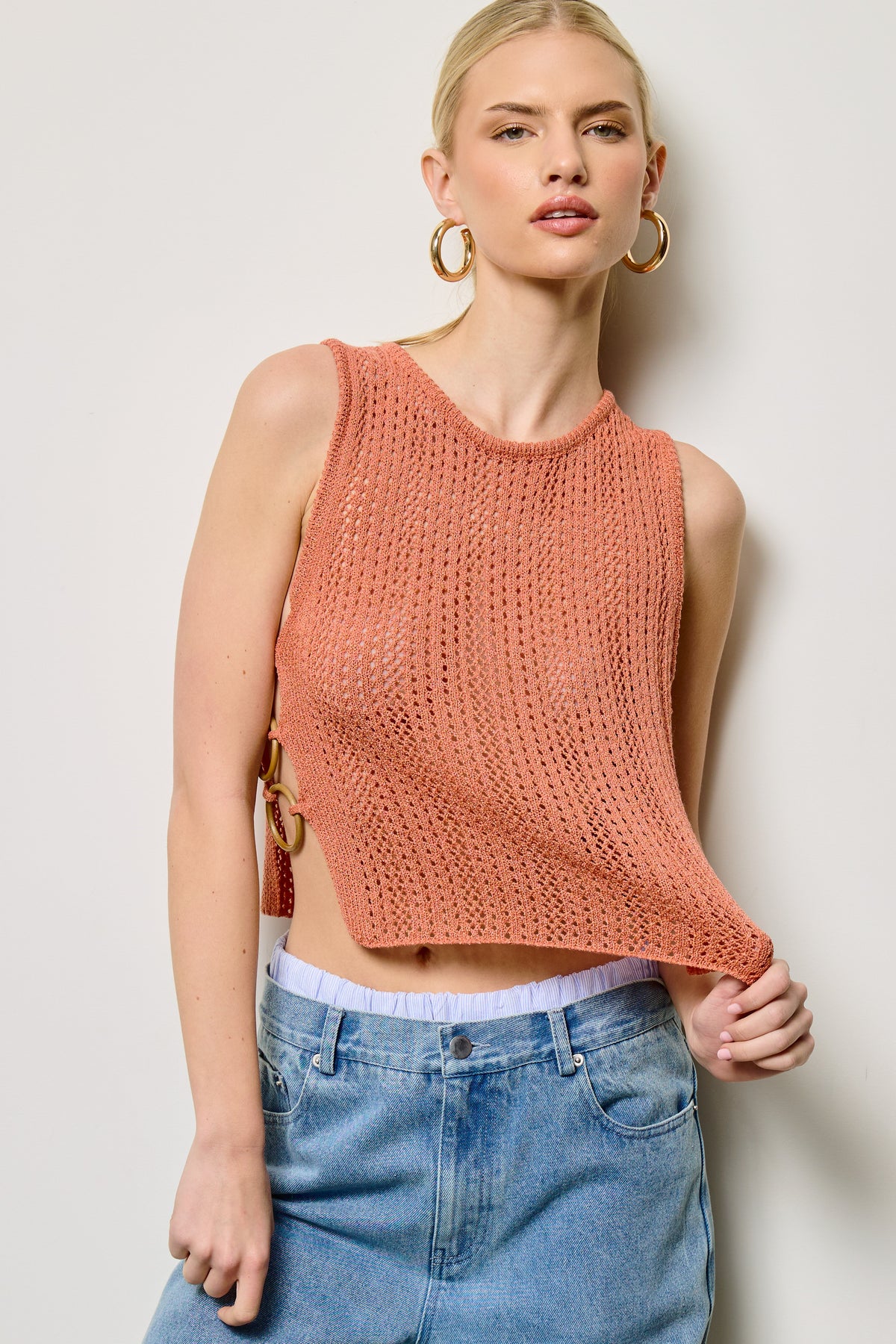 Bradleigh Crochet Knit Tank Top With Side O-ring Detail