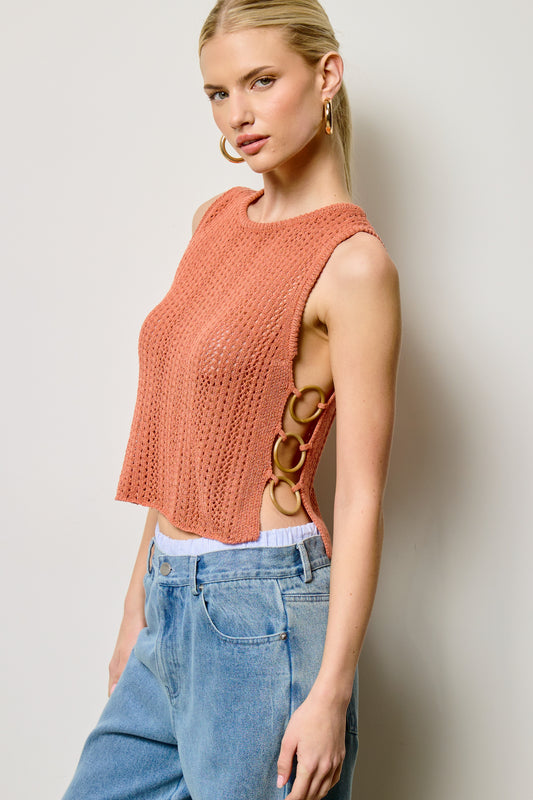 Bradleigh Crochet Knit Tank Top With Side O-ring Detail