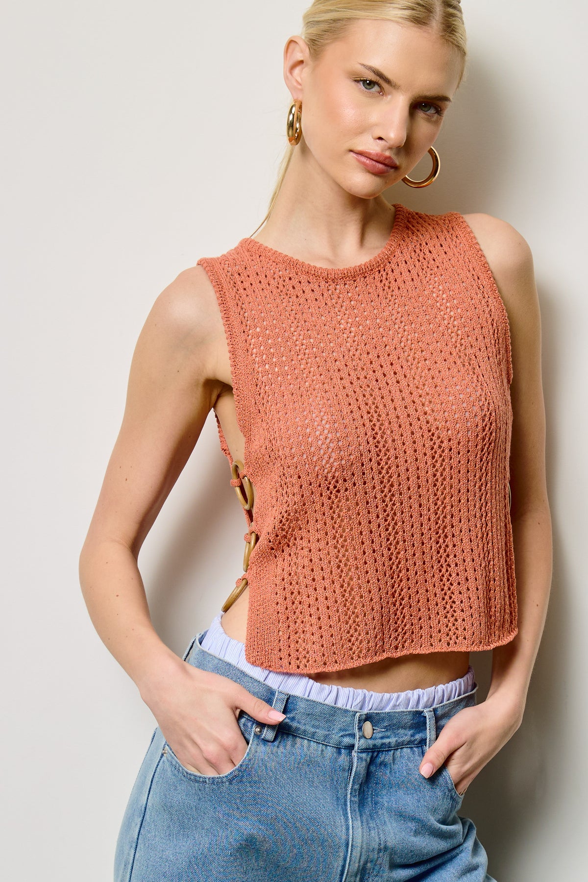 Bradleigh Crochet Knit Tank Top With Side O-ring Detail