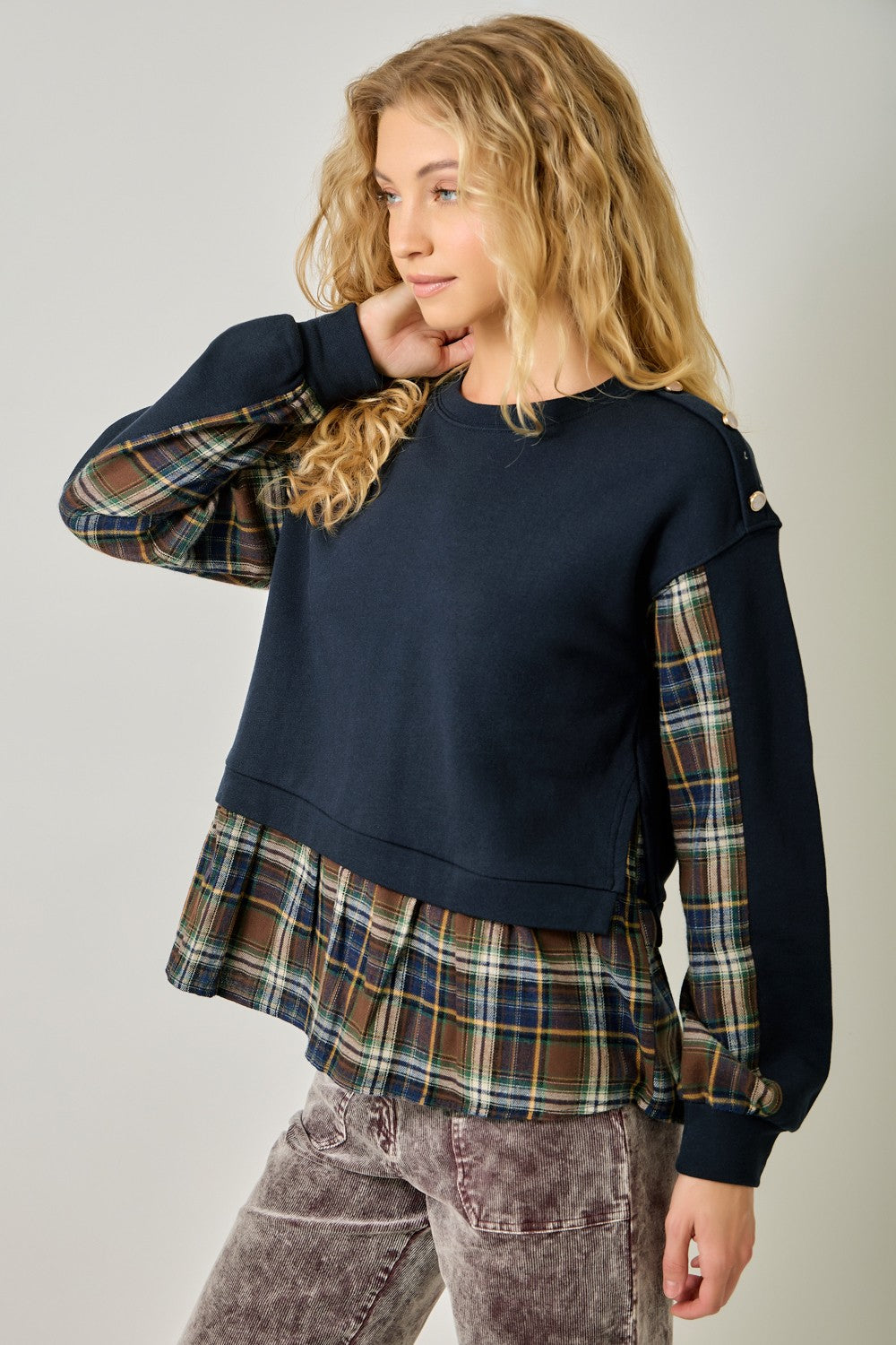 Paige Flannel Contrast Twofer Sweatshirt