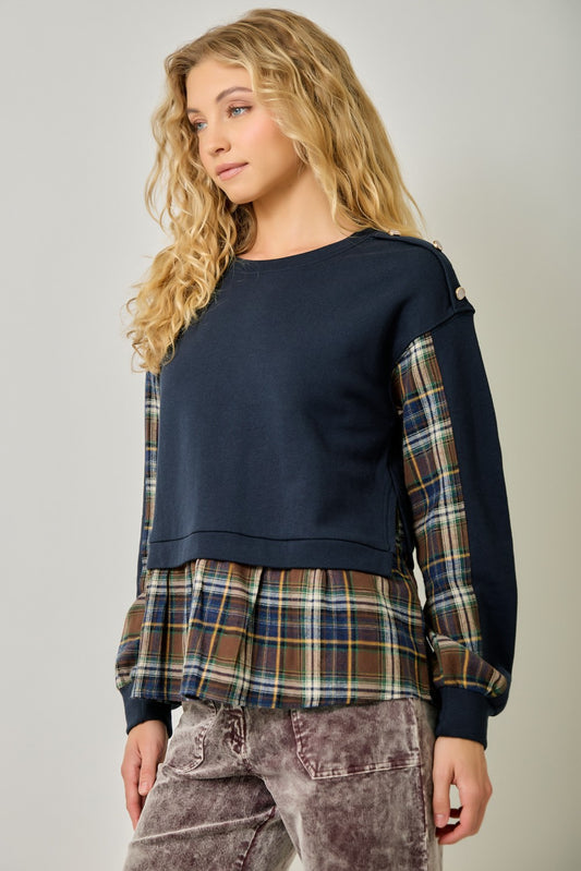 Paige Flannel Contrast Twofer Sweatshirt