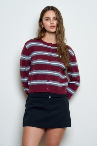 Hadley Multi-color Stripe Button Down Knit Cardigan Burgendy