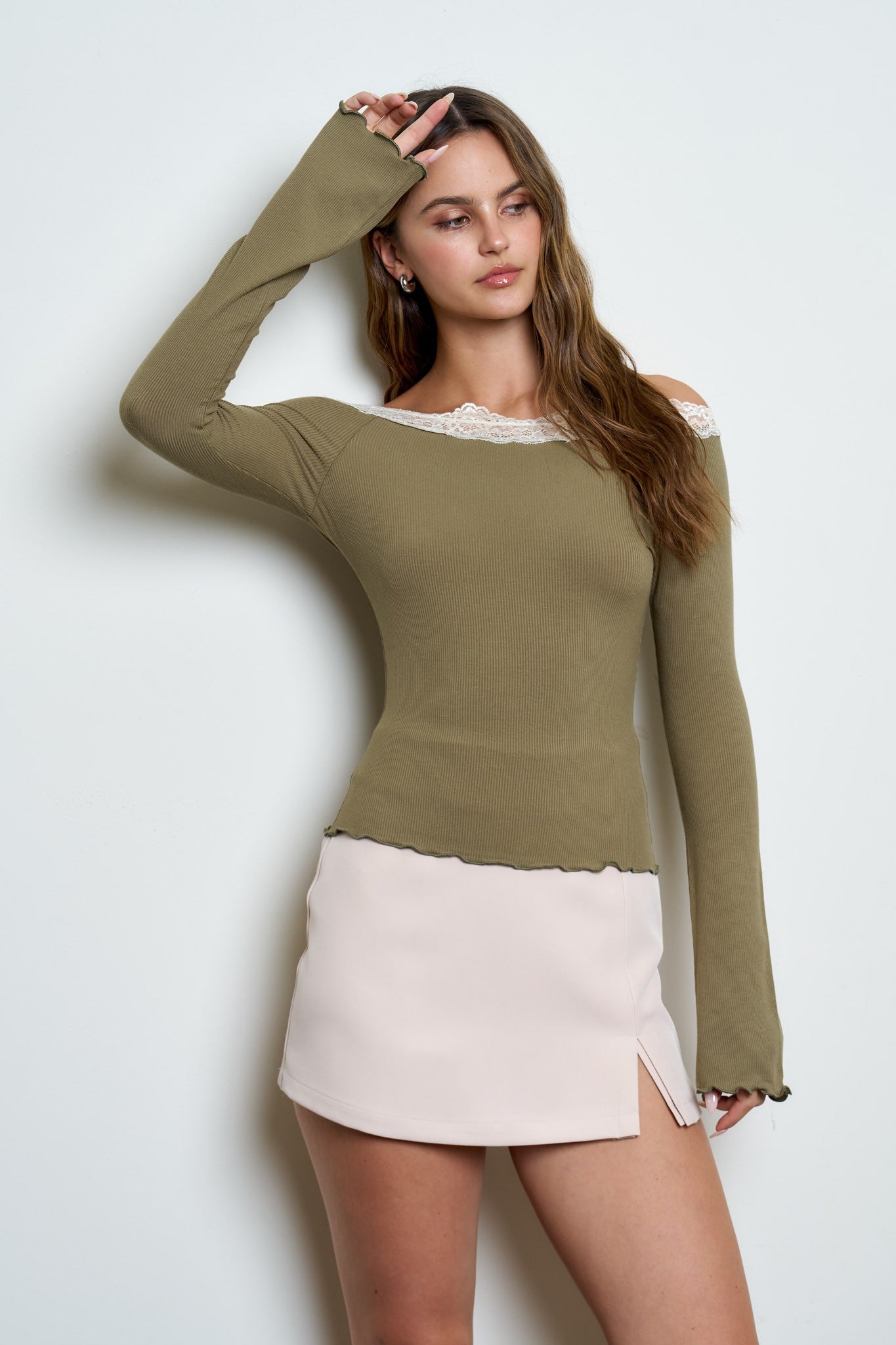 Grace Lace Trim Boat Neck  Sleeve Ribbed Knit Top Olive