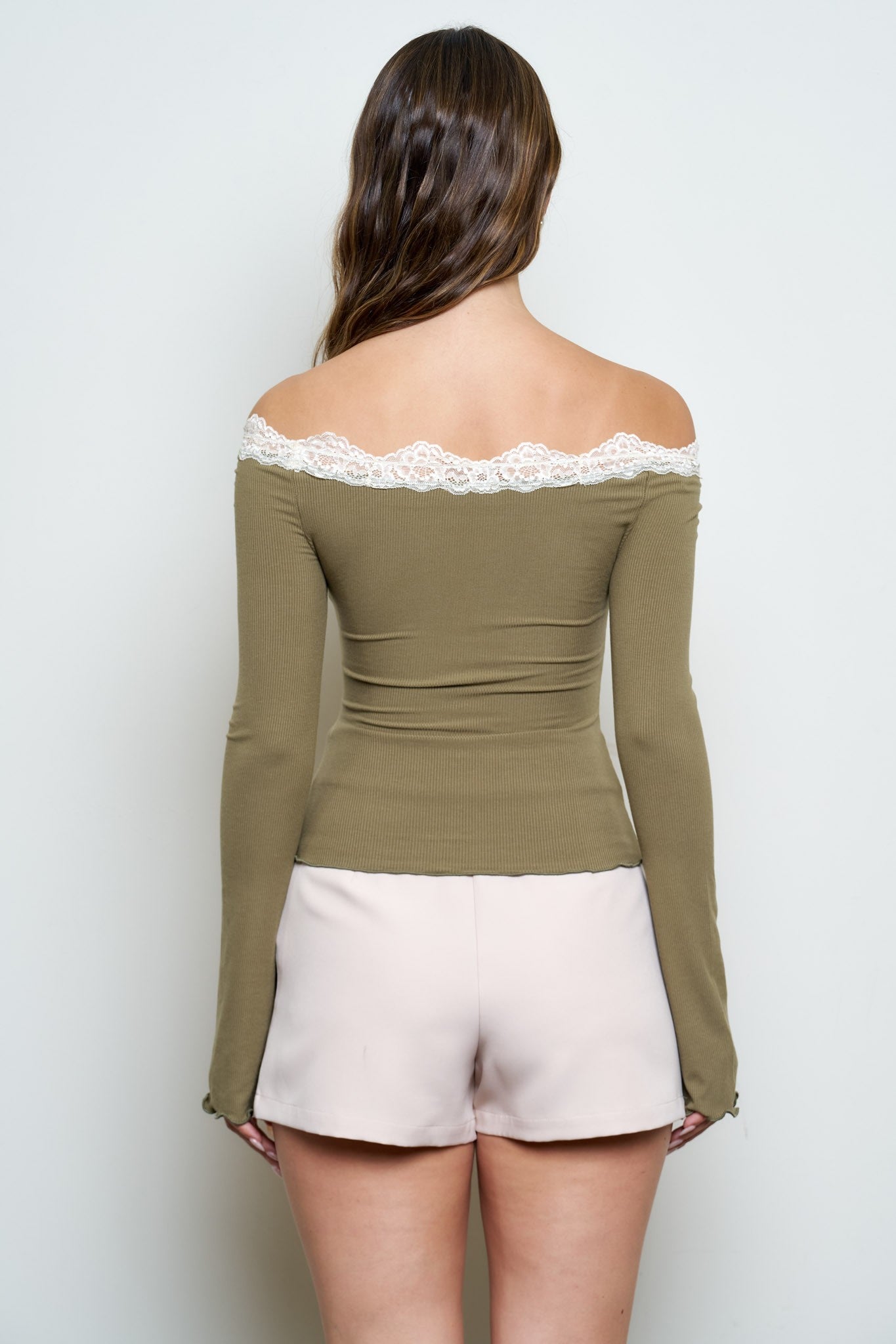 Grace Lace Trim Boat Neck  Sleeve Ribbed Knit Top Olive