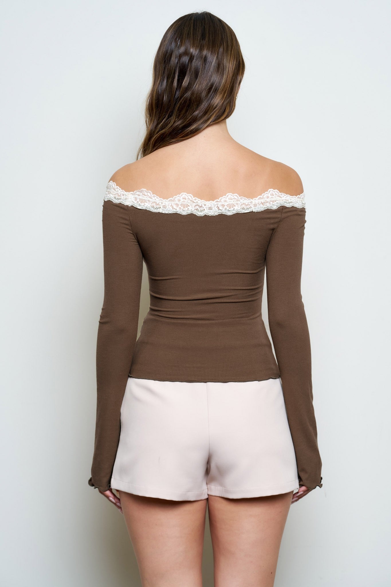 Grace Lace Trim Boat Neck Sleeve Ribbed Knit Top Brown
