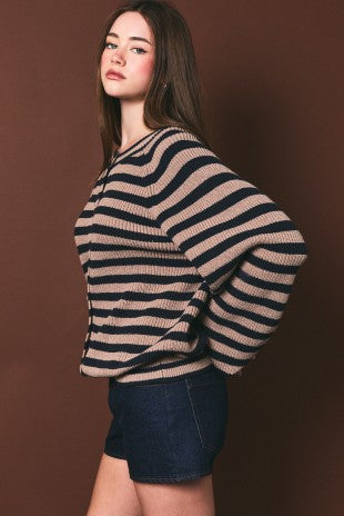 Raglan Striped Crew Neck Button Down Cardigan