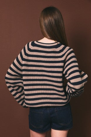 Raglan Striped Crew Neck Button Down Cardigan