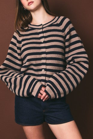 Raglan Striped Crew Neck Button Down Cardigan