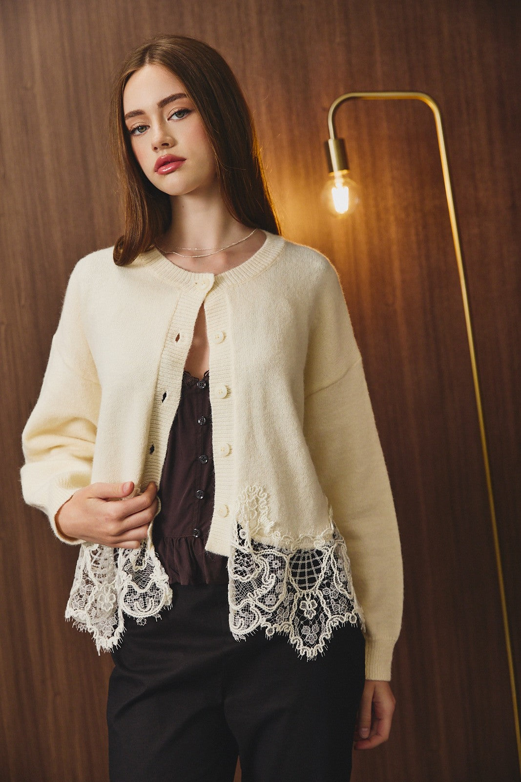 Rosalie Lace Hem Button Front Knit Sweater Cardigan