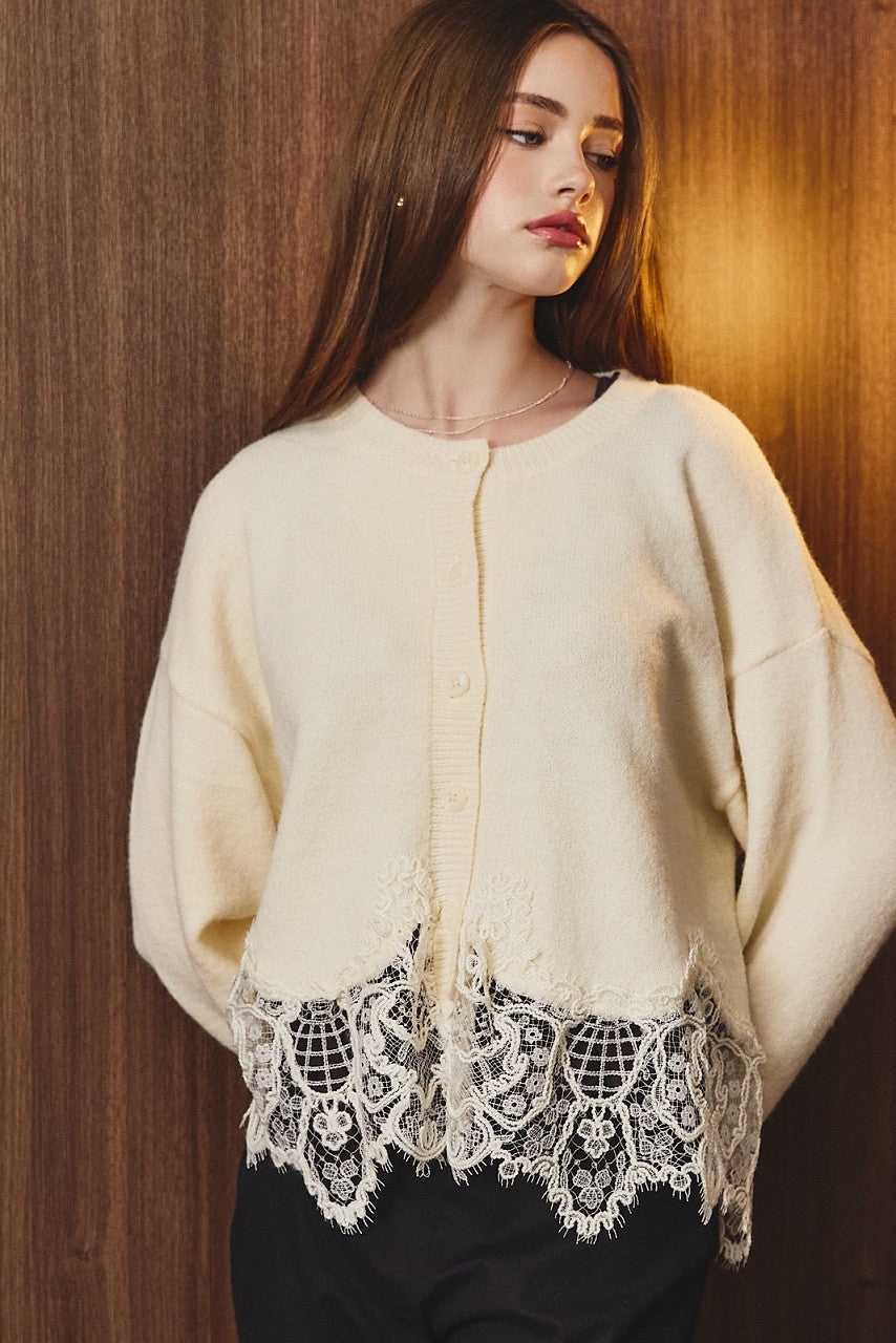 Rosalie Lace Hem Button Front Knit Sweater Cardigan