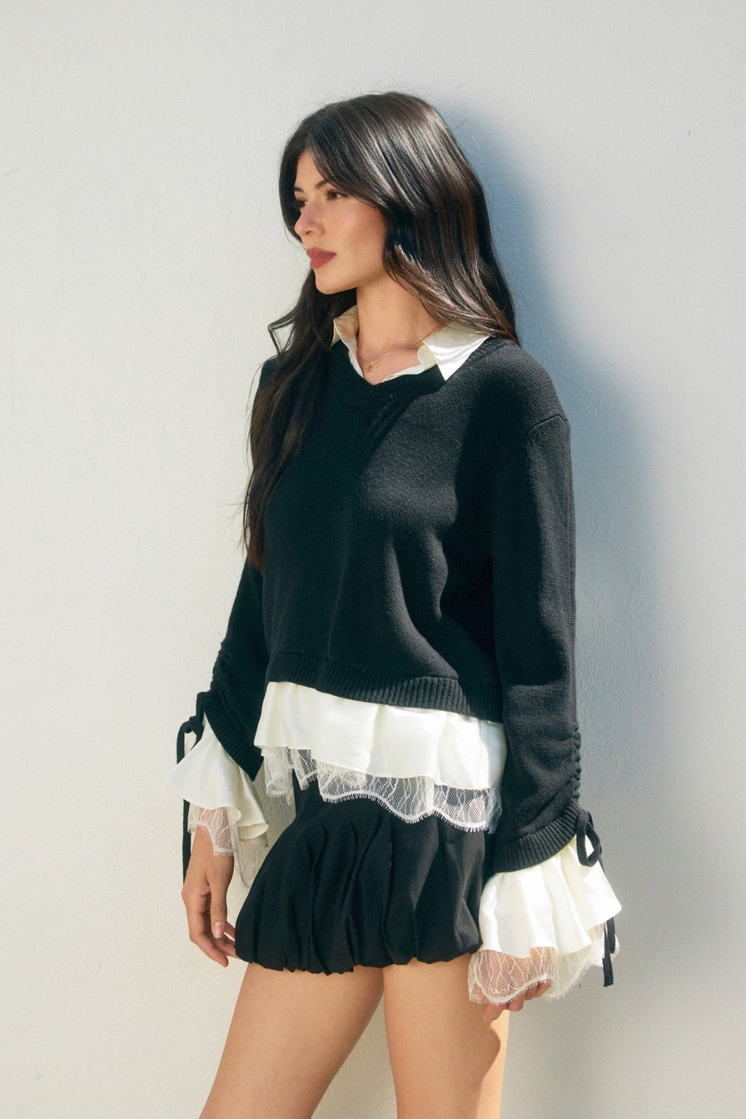 Stevie Satin & Lace Shirt Ruffle Sleeve Sweater