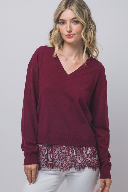 Fitch Oversized Lace-hem V-neck Sweater Burgendy