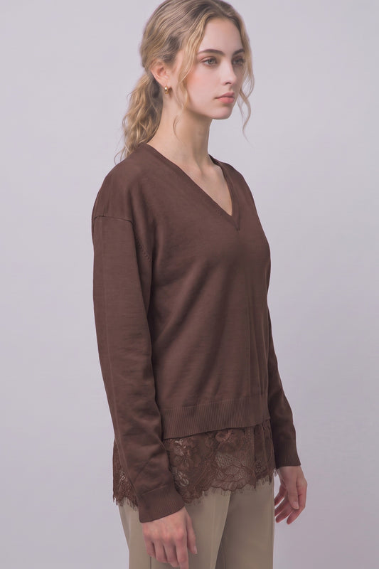 Fitch Oversized Lace-hem V-neck Sweater Brown