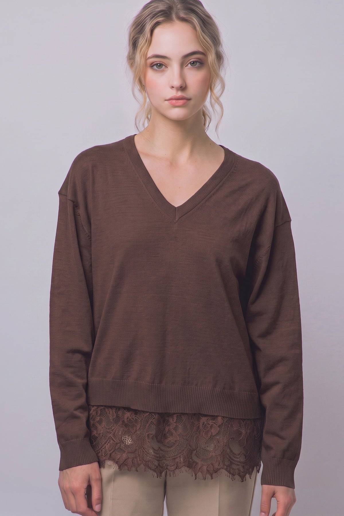 Fitch Oversized Lace-hem V-neck Sweater Brown