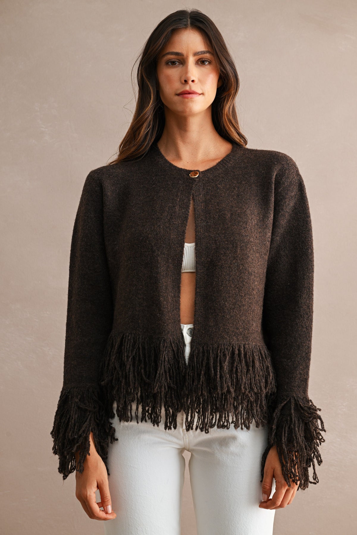 Delia Open Front Knit Single Button  Fringe Trim Cardigan