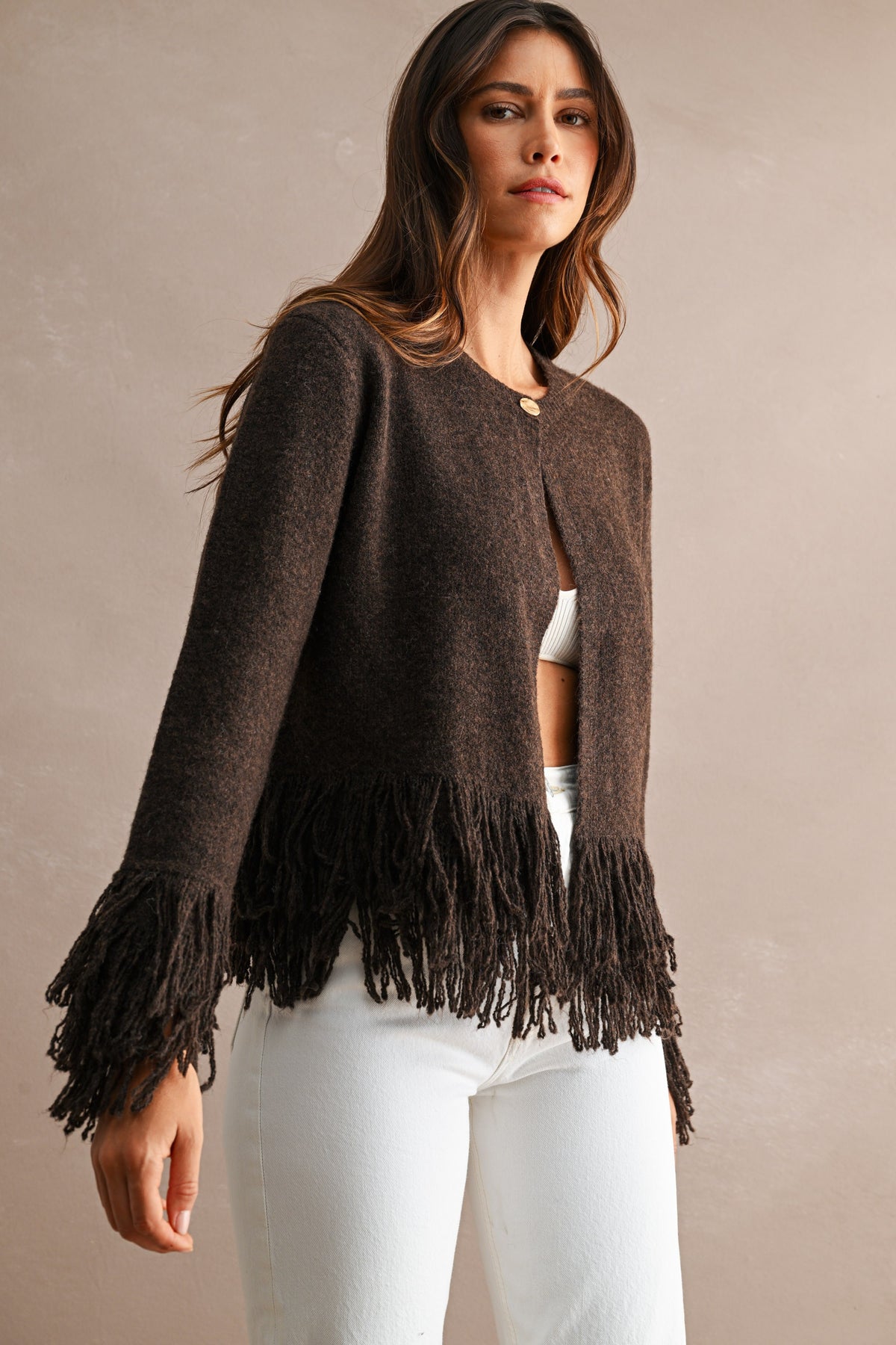 Delia Open Front Knit Single Button  Fringe Trim Cardigan