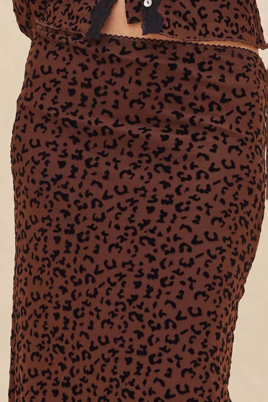 Flocked Leopard Mesh Straight Maxi Skirt