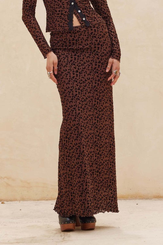 Flocked Leopard Mesh Straight Maxi Skirt