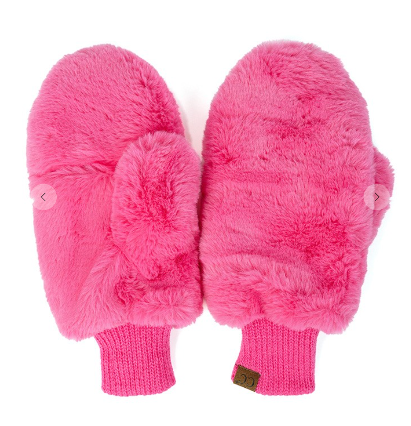 Fringe Fur Mittens - Hot Pink